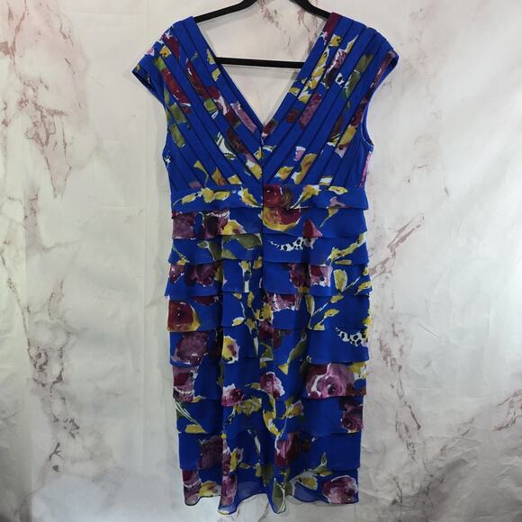 Adrianna Papell Dress Womens 12 Blue Floral Tired Layered Ruffle Sleeveless - Picture 5 of 10